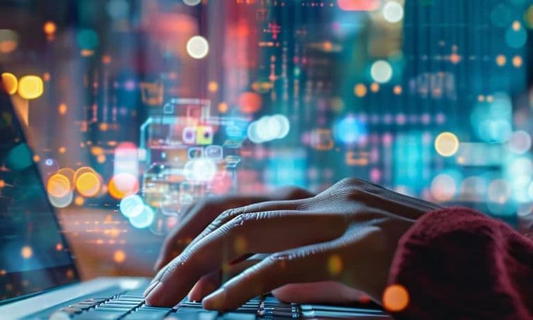 Close up of hands typing on a laptop